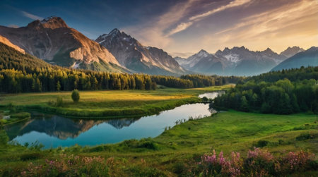 Beautiful summer landscape in the mountains. Mountain lake in the evening.