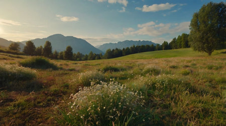 Beautiful summer landscape with green meadow and mountains in the background