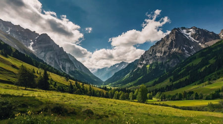 panoramic view of the alpine valley in summer, Switzerlandの写真素材