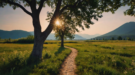 Sunset in the mountains. A path through the meadow.