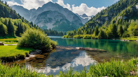 Panoramic view of a mountain lake in the Dolomites