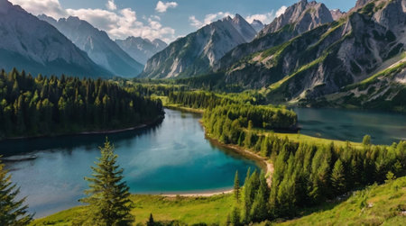 panoramic view of turquoise alpine lake in mountains