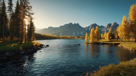 Autumn alpine landscape with lake and mountains in the background.