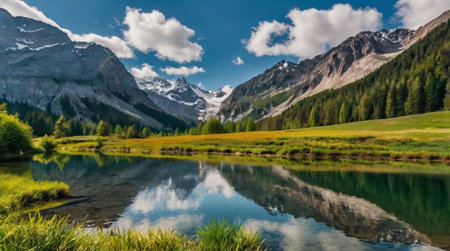Panoramic view of the alpine lake in the Swiss Alps