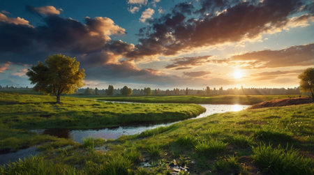 Sunset over a small river in the countryside. Beautiful summer landscape.