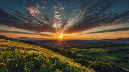 Sunset in the Carpathian mountains. Beautiful summer landscape.