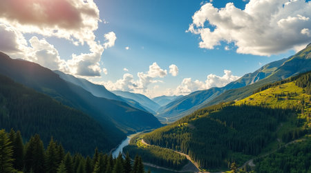 Panoramic view of the mountains and the river. Beautiful summer landscape.