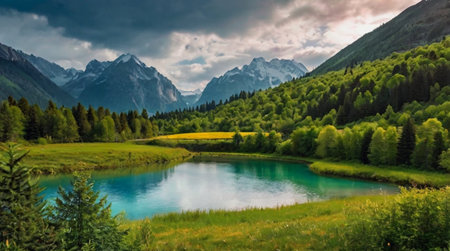 Panoramic view of idyllic alpine lake in mountains.の写真素材