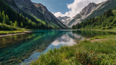 Panoramic view of turquoise alpine lake in the mountainsの写真素材