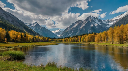 panoramic view of alpine lake and snow mountain in autumn