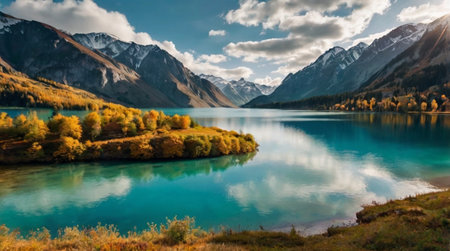 Beautiful autumn landscape with turquoise lake in the mountains.