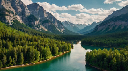 Panoramic view of the turquoise lake in the mountainsの写真素材