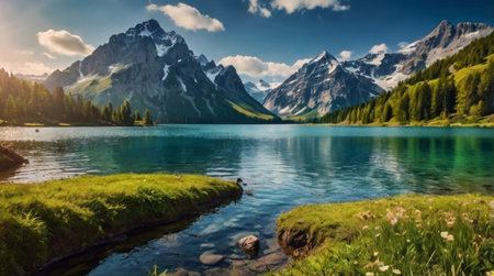 Panoramic view of the mountain lake in the Alps, Switzerland