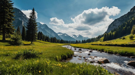 Panoramic view of alpine meadow and mountain river.