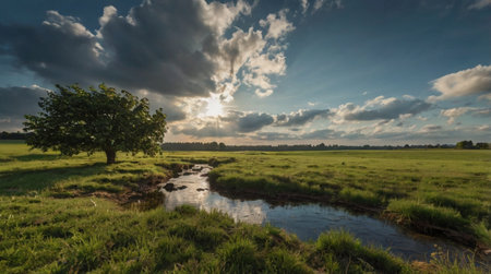 Sunset over a small river flowing through a meadow in summer