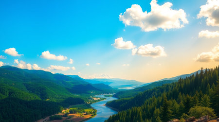 Panoramic view of the river and mountains in the summer.