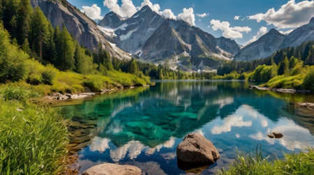 Mountain lake with reflection of the mountains in the water. Beautiful summer landscape.