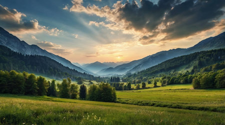 Sunset in the mountains. Beautiful summer landscape in the mountains.