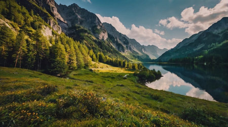 Panoramic view of beautiful alpine lake and mountains in summer