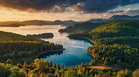 Aerial view of beautiful lake in the mountains at sunset. Nature background