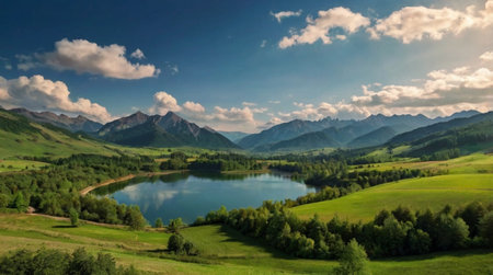 Beautiful summer landscape. Lake in the mountains. Panorama.