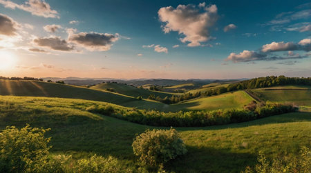 Panoramic view of Tuscany hills at sunset, Italyの写真素材
