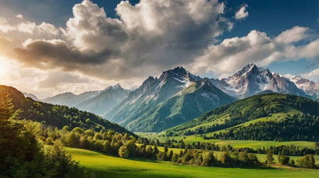 panoramic view of the mountains and meadows in the Alps
