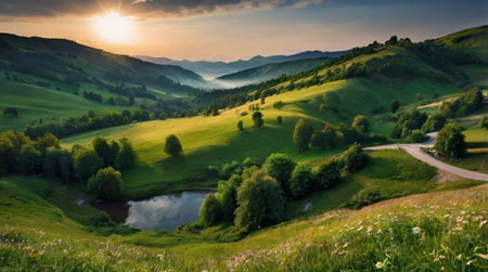Beautiful panoramic landscape in the Carpathian mountains at sunsetの写真素材