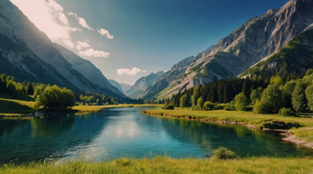 panoramic view of alpine lake and mountains in background, Switzerland