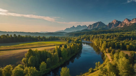 Aerial view of a beautiful summer landscape with a river and mountains