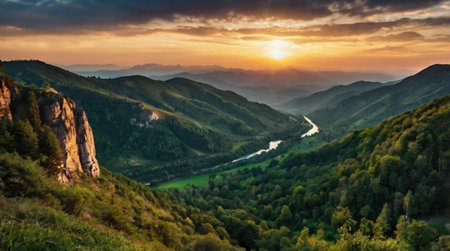 Beautiful sunset in the mountains. Panoramic view of the mountain valley and the river.の写真素材