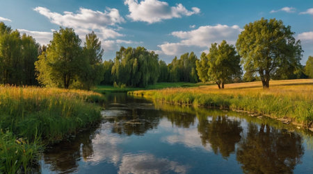 Beautiful summer landscape with a small river and willow trees in the foreground