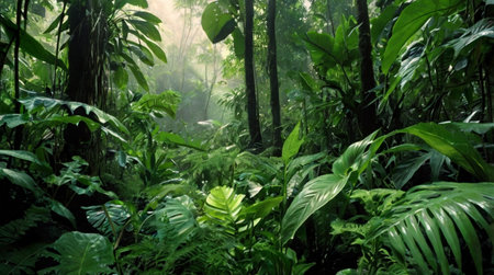 Tropical rainforest with fog and sunlight in the morning.
