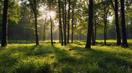 Sunset in the forest. Sunlight through the trees and grass.