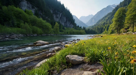Mountain river in the summer. Landscape with a mountain riverの写真素材