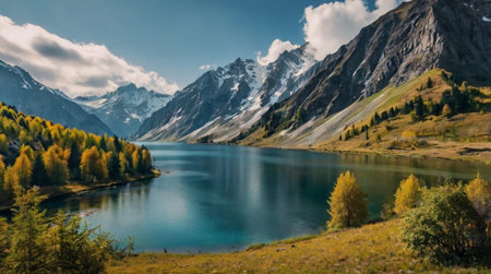 Panoramic view of mountain lake in autumn.の写真素材