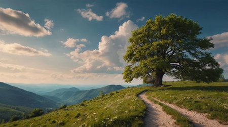 Beautiful summer landscape with a big tree on the hillside.