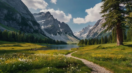 Beautiful alpine landscape with lake and mountains in the background.