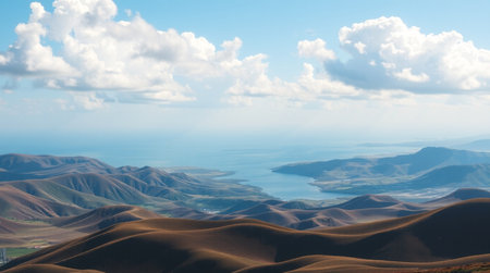 Beautiful panoramic view of sand dunes and lake.