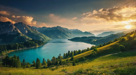 Panoramic view of alpine lake in the Alps at sunset.