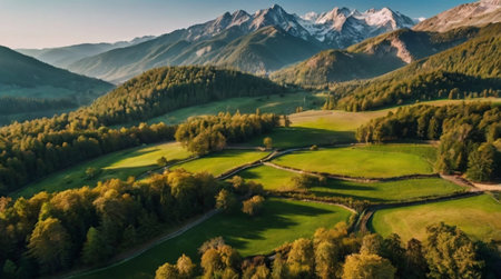 Aerial view of a beautiful green meadow and mountains in the backgroundの写真素材