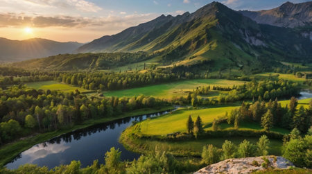 Panoramic view of the mountain river at sunset. Beautiful summer landscape.の写真素材