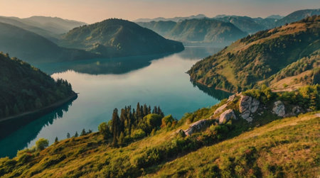 Panoramic view of the mountain lake in the morning light.の写真素材