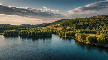 Aerial view of the river Dnister and forest at sunset