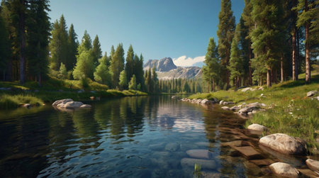 Mountain lake with crystal clear water and green coniferous forest