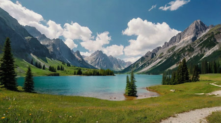 Panoramic view of the lake and mountains in the background.の写真素材