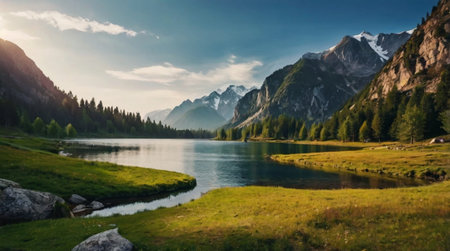 Panoramic view of alpine lake in the Dolomites, Italy