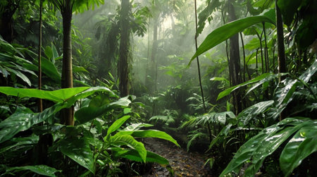 Tropical rainforest with green leaves and sunbeams.
