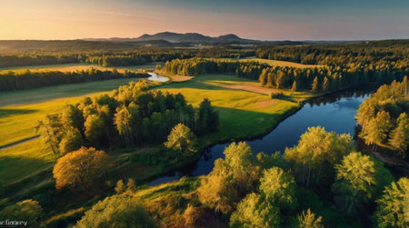 Aerial view of a beautiful sunset over the river and forest.