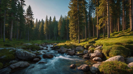 mountain river in the forest at sunset. panoramic view